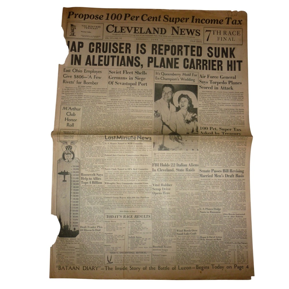 Vintage June 15 1942 Cleveland News Newspaper WWII Aleutians Attack 100% Tax